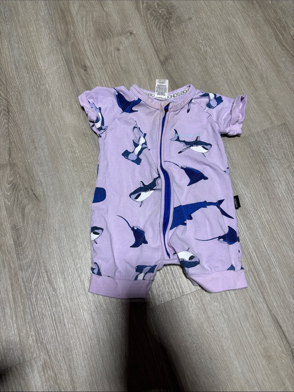 Bonds Lilac Short-Sleeve Shark Print Zip Romper